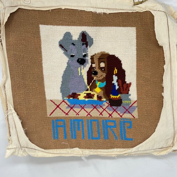 Needlepoint Square Lady & The Tramp Amore Completed  15.75" x 16.5"  Vintage - Picture 2 of 5